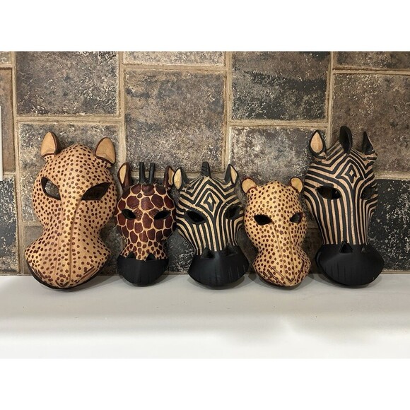Set of  5 Hand Carved Wooden Mask African Animal Zebra Giraffe Wall Hanging - Picture 1 of 11